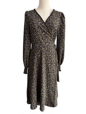 Max Studio Ditsy Floral True Wrap Midi Dress Sz M Dark Romantic Long Sleeve Boho
